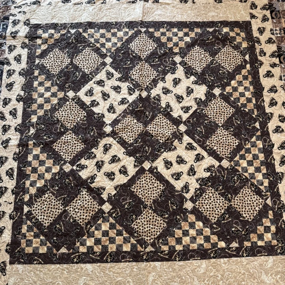 Handmade Coffee Patchwork Quilt Brown Cream Coffee Bean Cup Typography 70x80